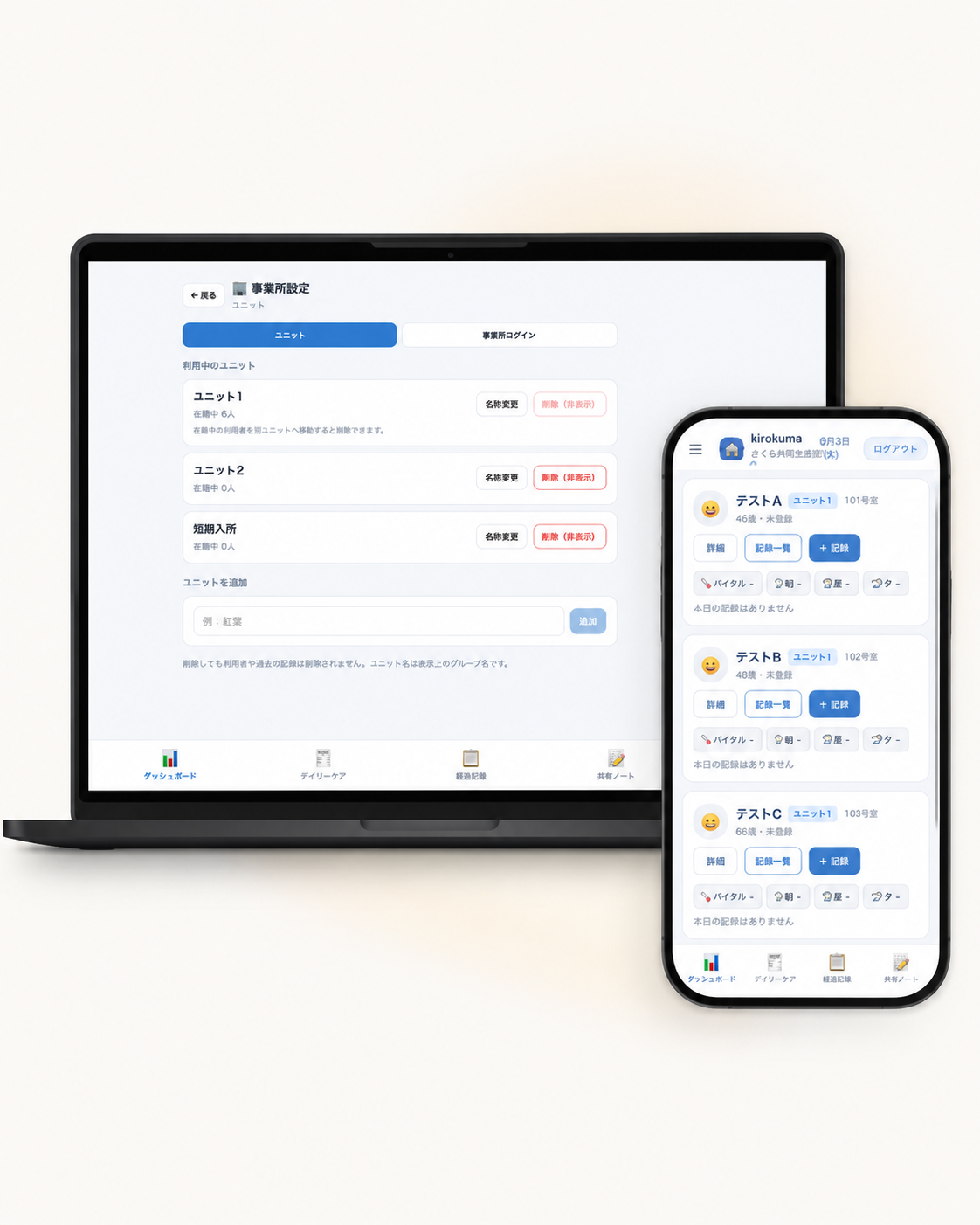 kirokumaの実際の画面。パソコンで事業所のユニット、スマートフォンで利用者ごとの記録を確認できます。画面は架空データです。